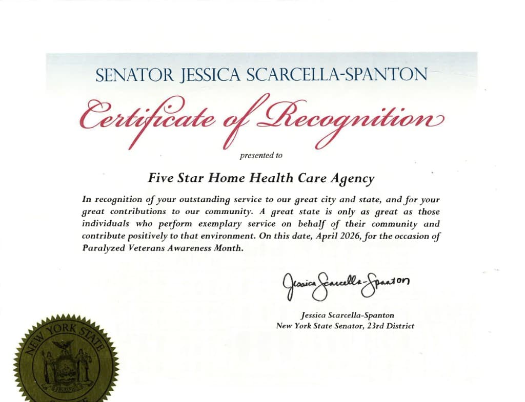 Сертификат признания Сената штата Нью-Йорк, вручённый Five Star Home Health Care Agency сенатором Jessica Scarcella-Spanton, апрель 2026, в связи с Месяцем осведомлённости о парализованных ветеранах